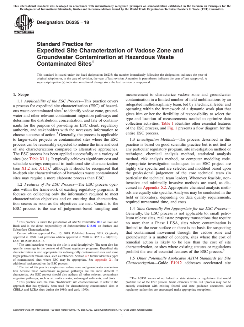 ASTM D6235-18 - Standard Practice for  Expedited Site Characterization of Vadose Zone and Groundwater   Contamination at Hazardous Waste Contaminated Sites