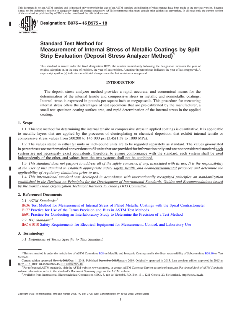 REDLINE ASTM B975-18 - Standard Test Method for  Measurement of Internal Stress of Metallic Coatings by Split Strip Evaluation (Deposit Stress Analyzer Method)