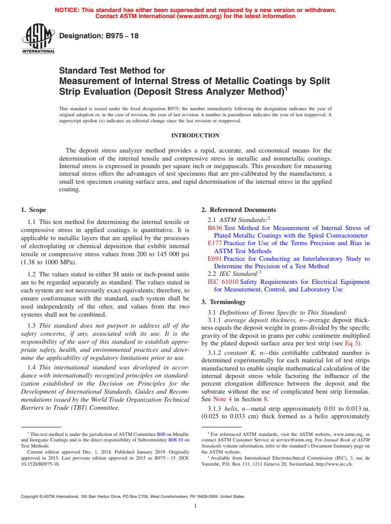 ASTM B975-18 - Standard Test Method for  Measurement of Internal Stress of Metallic Coatings by Split Strip Evaluation (Deposit Stress Analyzer Method)