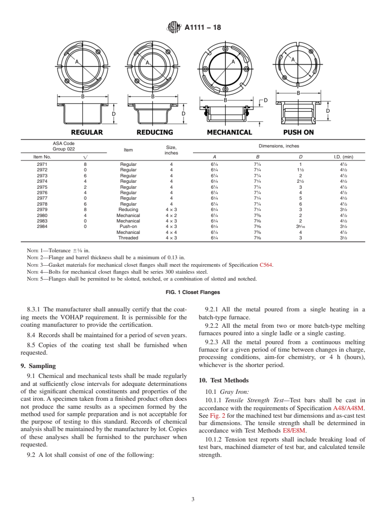 ASTM A1111-18 - Standard Specification for Cast Iron Closet Flanges for Use With Cast Iron Soil Pipe and  Fittings in Gravity Flow Plumbing Drain, Waste, and Vent Sanitary  Applications