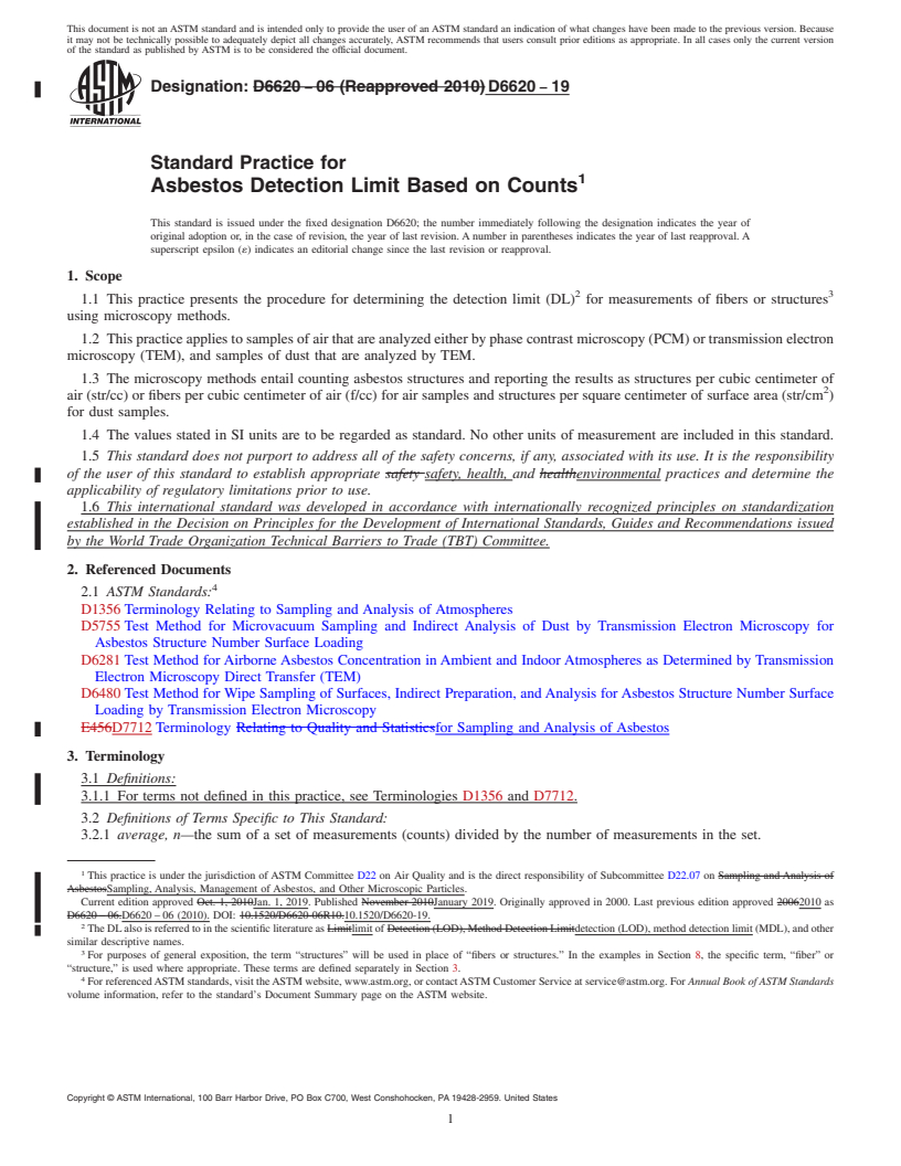 REDLINE ASTM D6620-19 - Standard Practice for  Asbestos Detection Limit Based on Counts