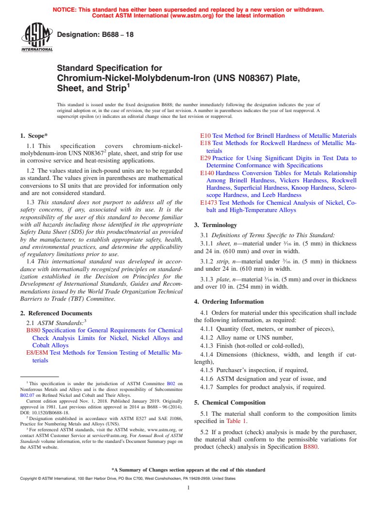 ASTM B688-18 - Standard Specification for Chromium-Nickel-Molybdenum-Iron (UNS N08367) Plate,   Sheet,  and Strip