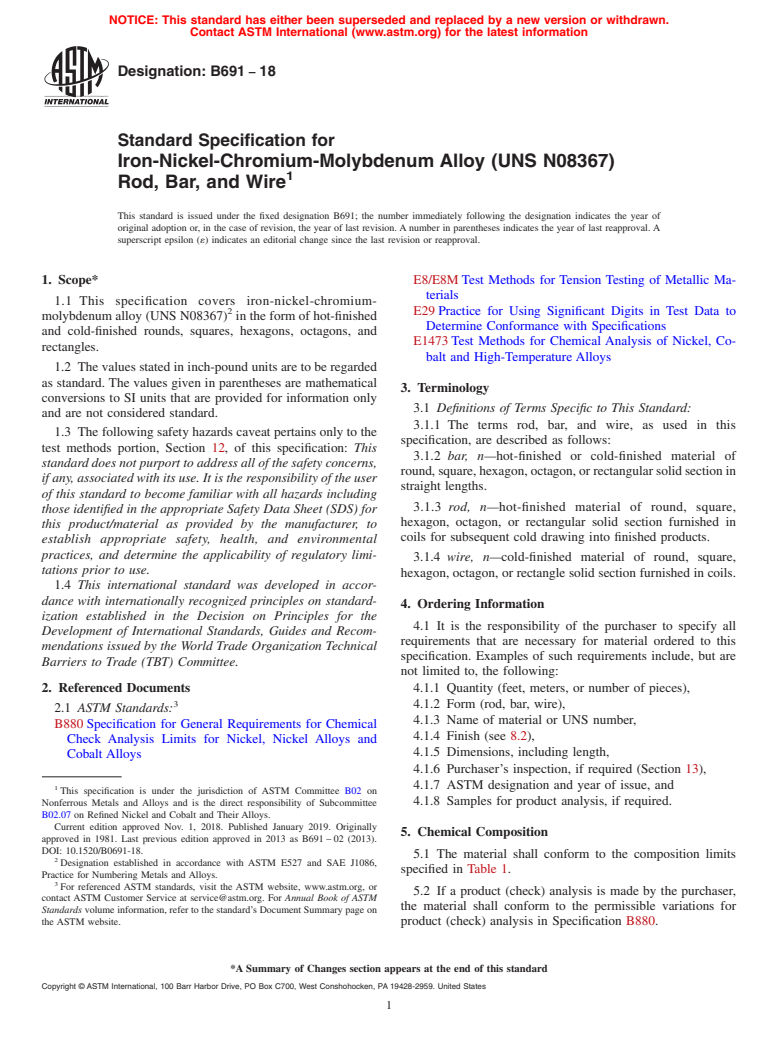 ASTM B691-18 - Standard Specification for Iron-Nickel-Chromium-Molybdenum Alloy (UNS N08367)     Rod,  Bar, and Wire