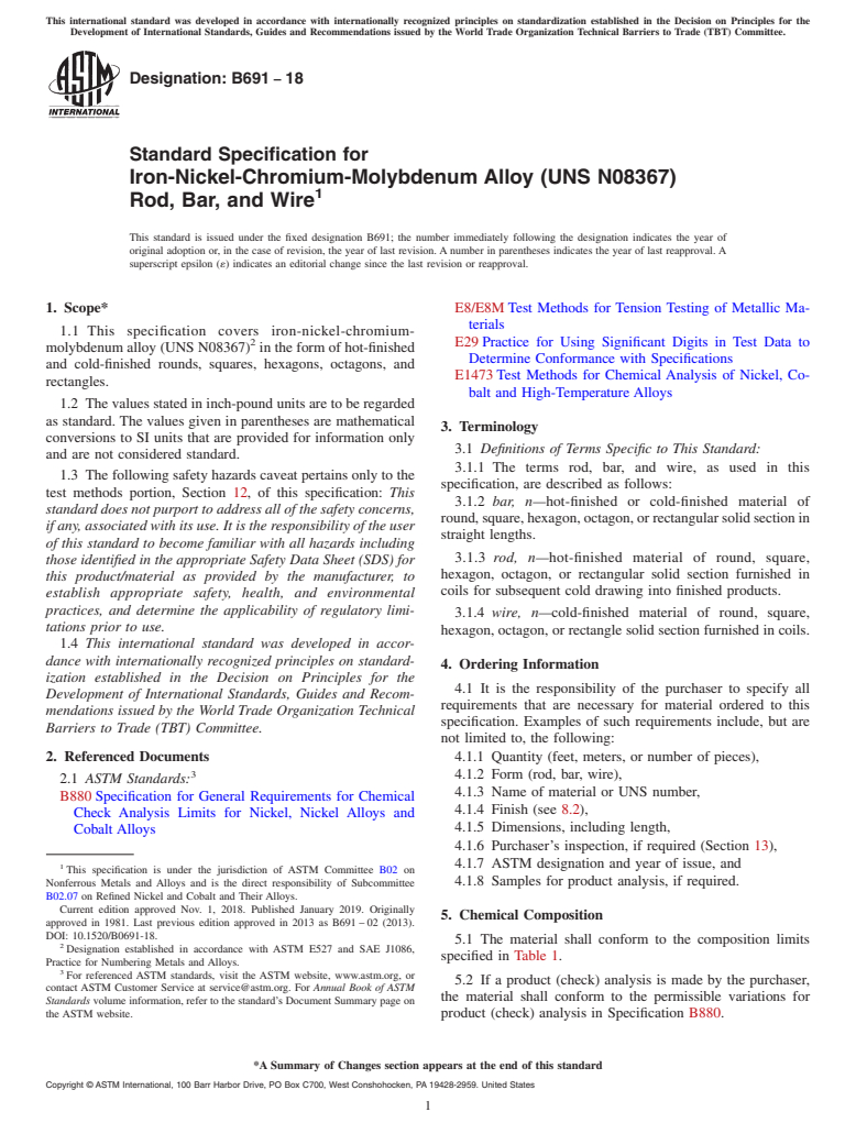 ASTM B691-18 - Standard Specification for Iron-Nickel-Chromium-Molybdenum Alloy (UNS N08367)     Rod,  Bar, and Wire