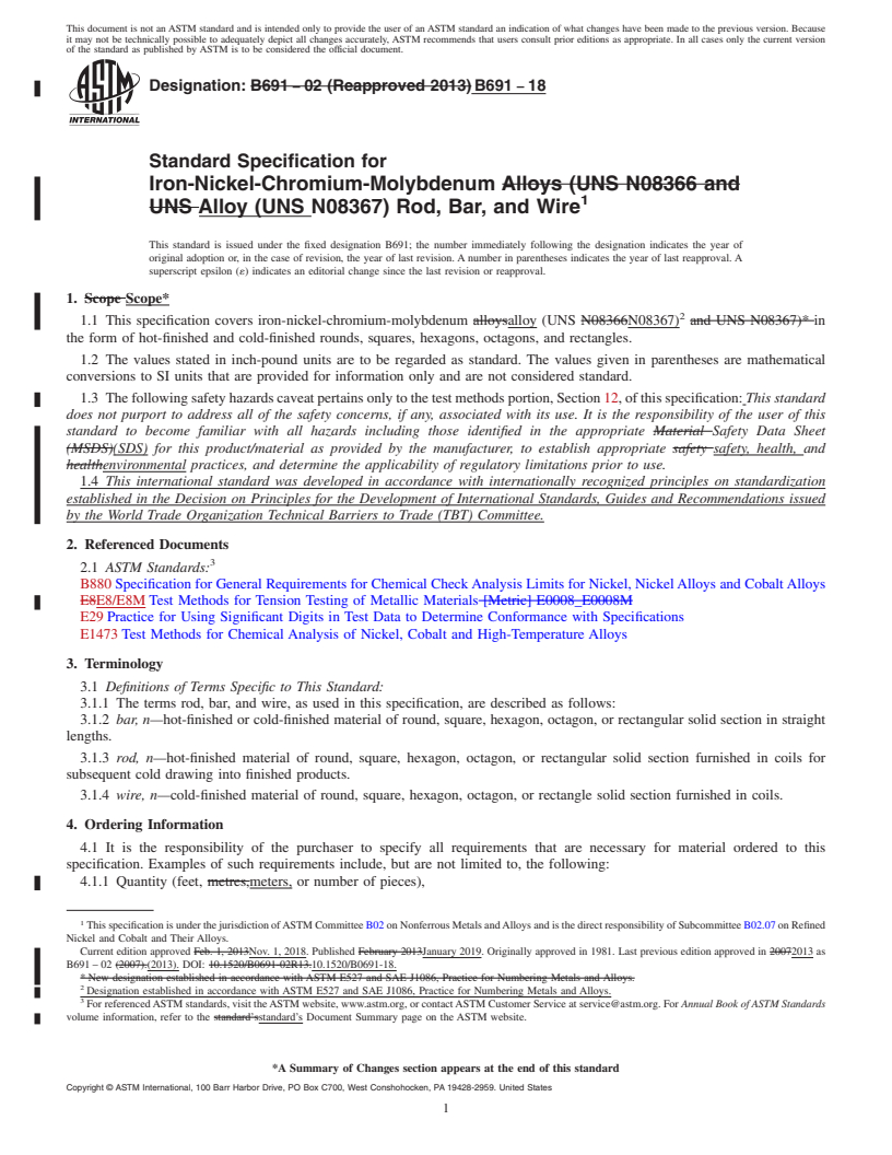 REDLINE ASTM B691-18 - Standard Specification for Iron-Nickel-Chromium-Molybdenum Alloy (UNS N08367)     Rod,  Bar, and Wire