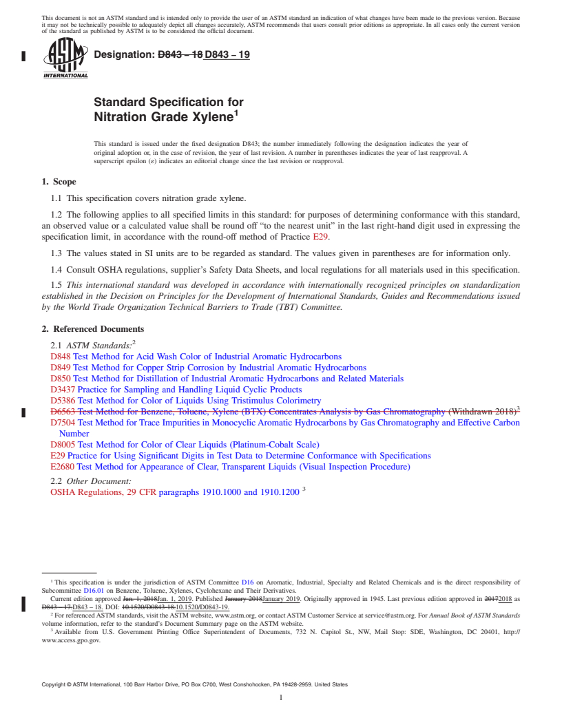 REDLINE ASTM D843-19 - Standard Specification for Nitration Grade Xylene