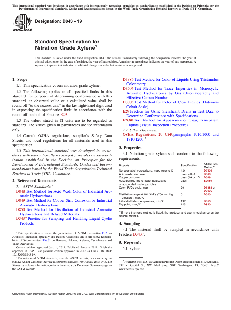 ASTM D843-19 - Standard Specification for Nitration Grade Xylene