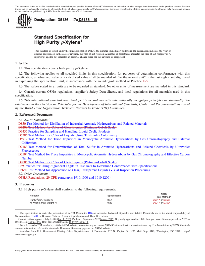 REDLINE ASTM D5136-19 - Standard Specification for High Purity <emph type="ital">p</emph>-Xylene