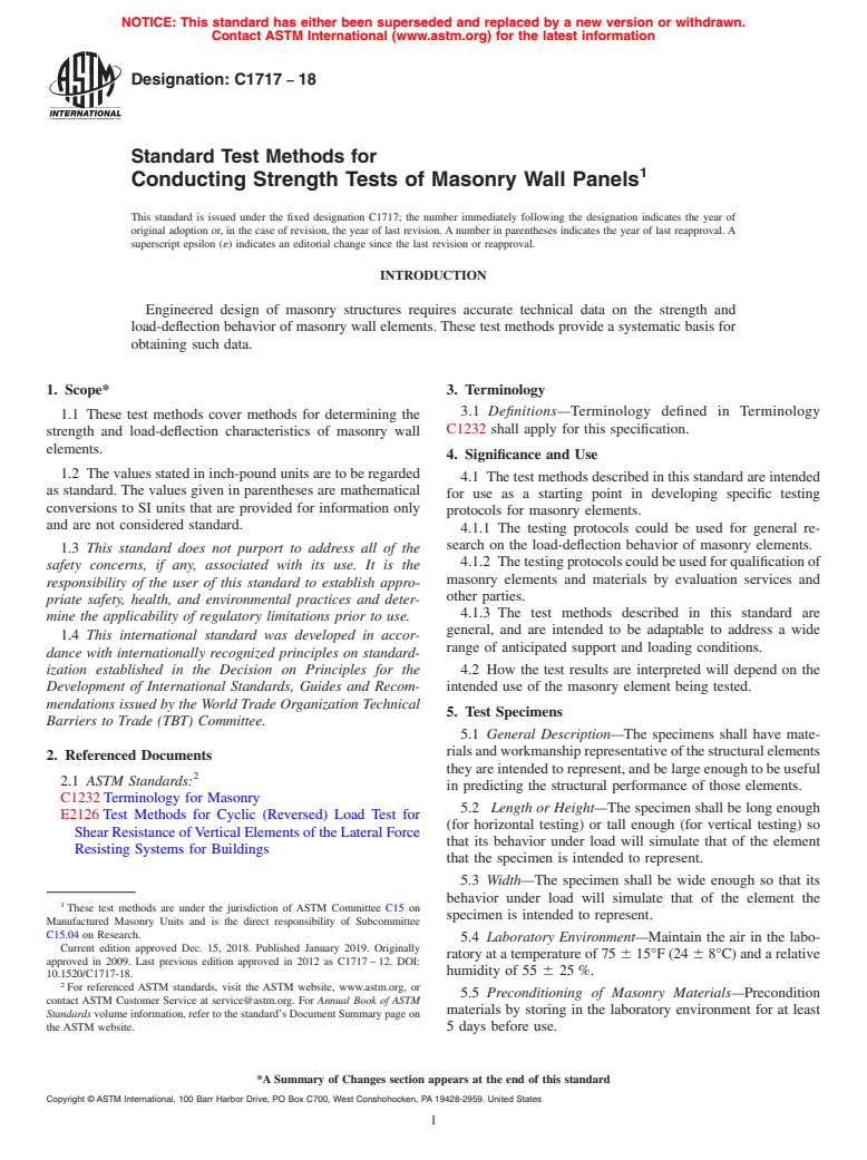 ASTM C1717-18 - Standard Test Methods for  Conducting Strength Tests of Masonry Wall Panels