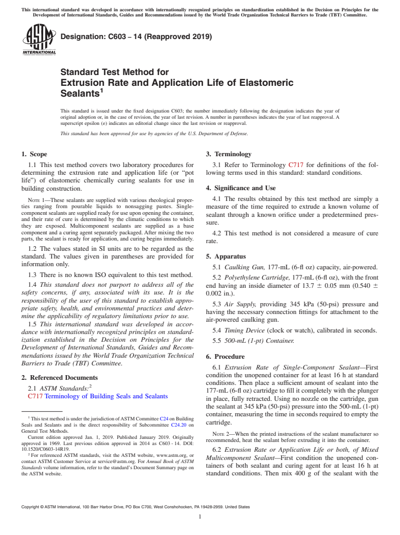 ASTM C603-14(2019) - Standard Test Method for  Extrusion Rate and Application Life of Elastomeric Sealants