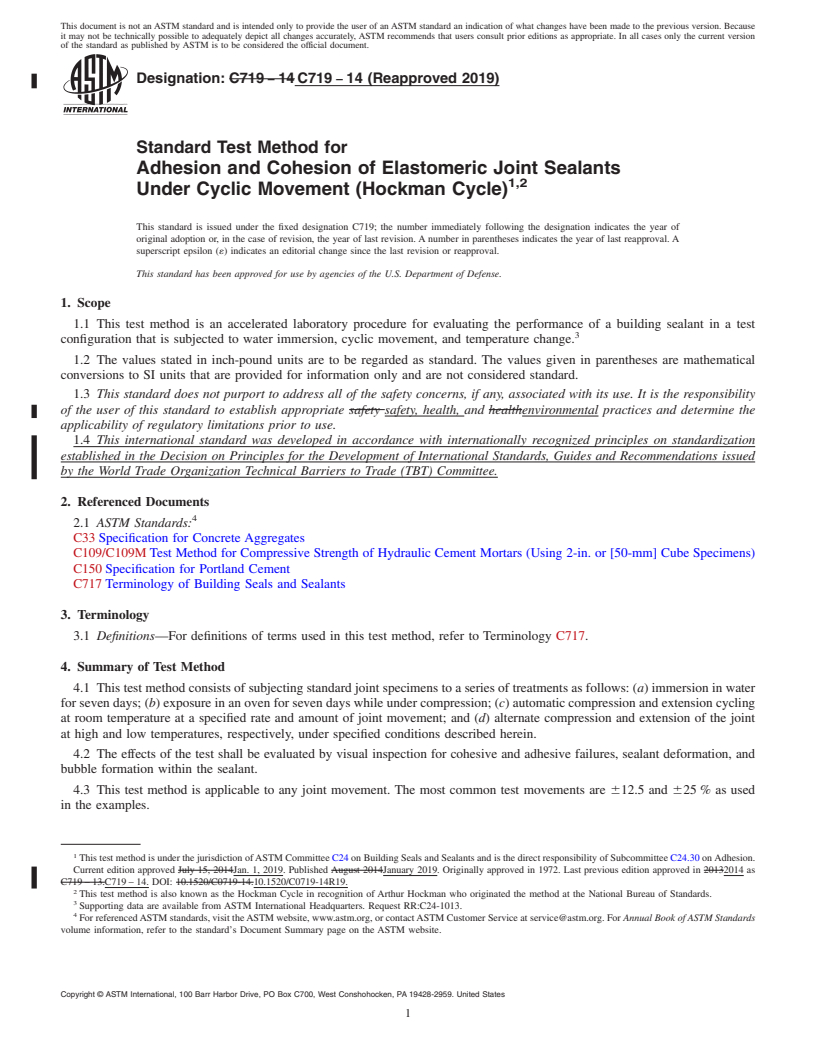 REDLINE ASTM C719-14(2019) - Standard Test Method for  Adhesion and Cohesion of Elastomeric Joint Sealants Under Cyclic  Movement (Hockman Cycle)