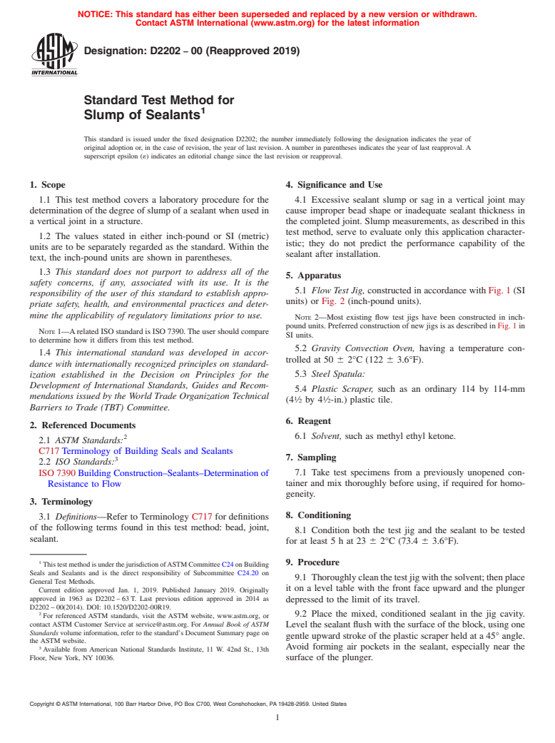 ASTM D2202-00(2019) - Standard Test Method for  Slump of Sealants