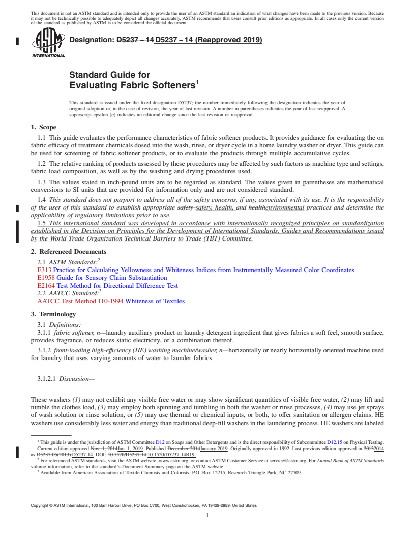 REDLINE ASTM D5237-14(2019) - Standard Guide for  Evaluating Fabric Softeners