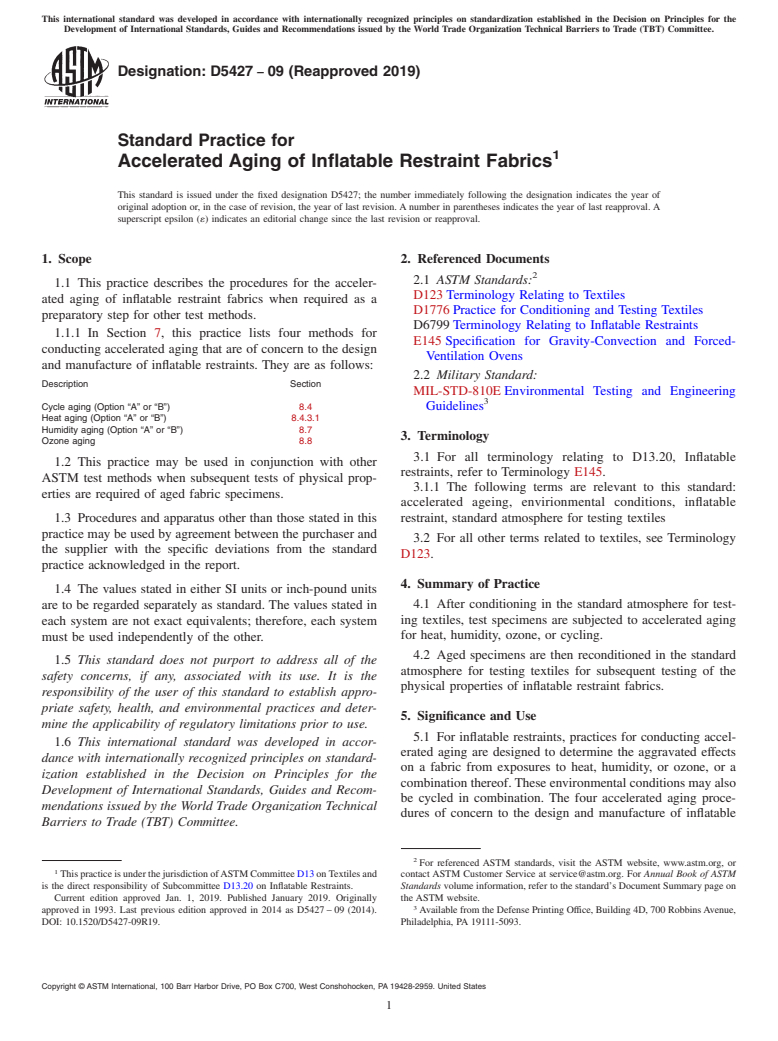 ASTM D5427-09(2019) - Standard Practice for  Accelerated Aging of Inflatable Restraint Fabrics