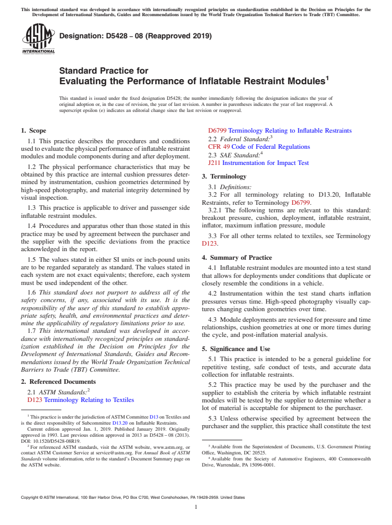 ASTM D5428-08(2019) - Standard Practice for  Evaluating the Performance of Inflatable Restraint Modules