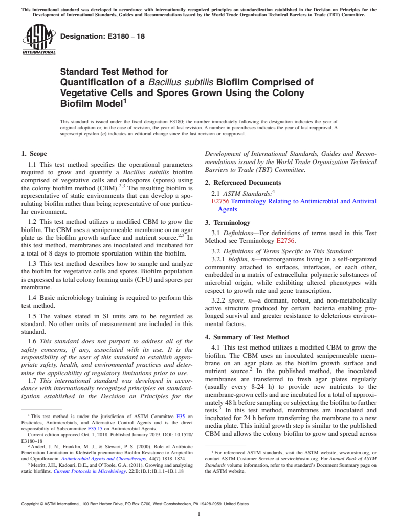 ASTM E3180-18 - Standard Test Method for Quantification of a <emph type="ital">Bacillus subtilis</emph  > Biofilm Comprised of Vegetative Cells and Spores Grown Using the  Colony Biofilm Model