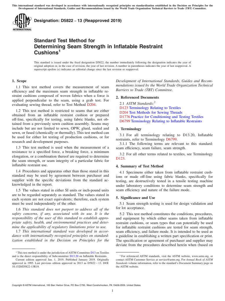 ASTM D5822-13(2019) - Standard Test Method for  Determining Seam Strength in Inflatable Restraint Cushions