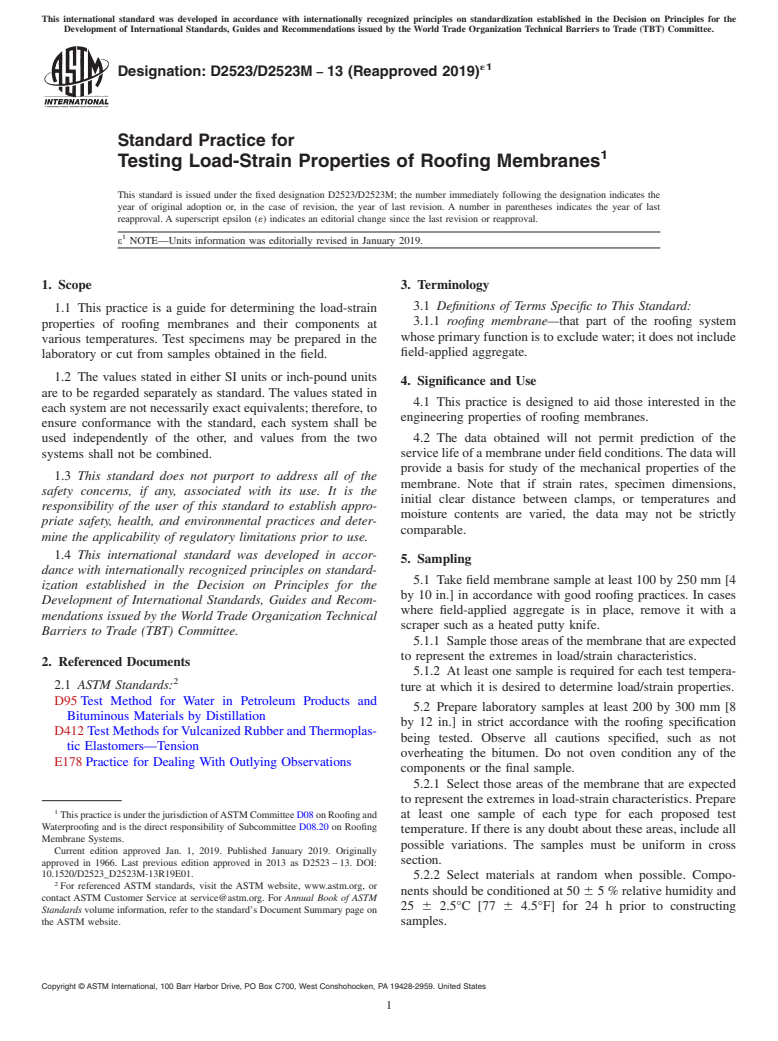 ASTM D2523/D2523M-13(2019)e1 - Standard Practice for  Testing Load-Strain Properties of Roofing Membranes