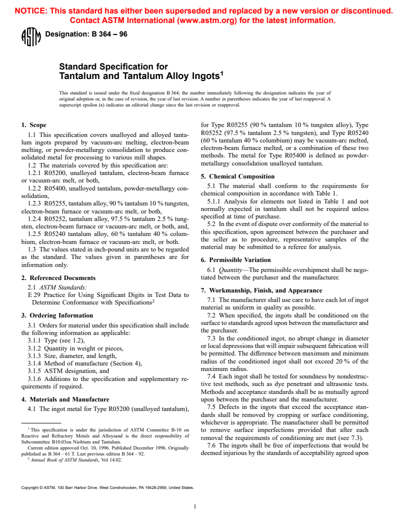 ASTM B364-96 - Standard Specification for Tantalum and Tantalum Alloy Ingots