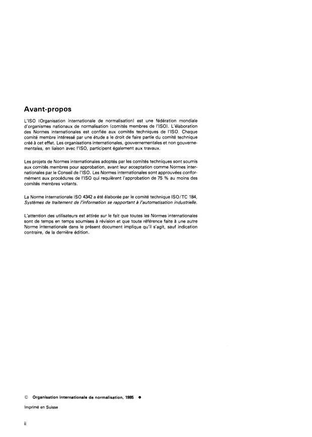 ISO 4342:1985 ISO 4342:1985 - Commande numérique des machines -- Données d'entrée des processeurs CN -- Langage de référence de base pour programme de piece - Page 2 preview