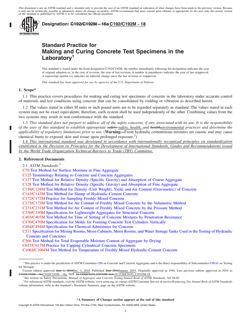 REDLINE ASTM C192/C192M-18 - Standard Practice for  Making and Curing Concrete Test Specimens in the Laboratory