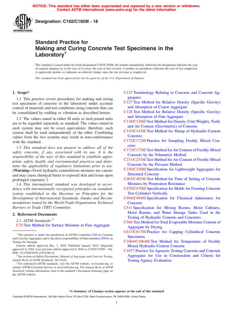 ASTM C192/C192M-18 - Standard Practice for  Making and Curing Concrete Test Specimens in the Laboratory