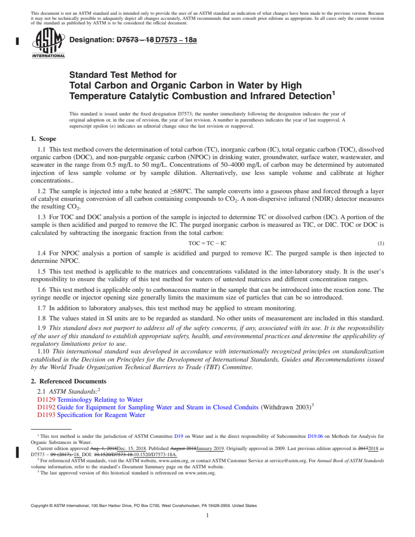 REDLINE ASTM D7573-18a - Standard Test Method for  Total Carbon and Organic Carbon in Water by High Temperature  Catalytic Combustion and Infrared Detection
