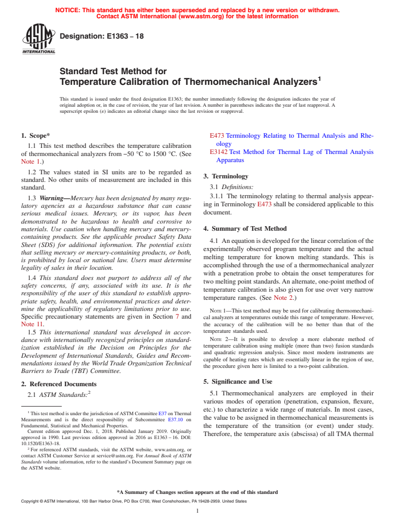 ASTM E1363-18 - Standard Test Method for  Temperature Calibration of Thermomechanical Analyzers