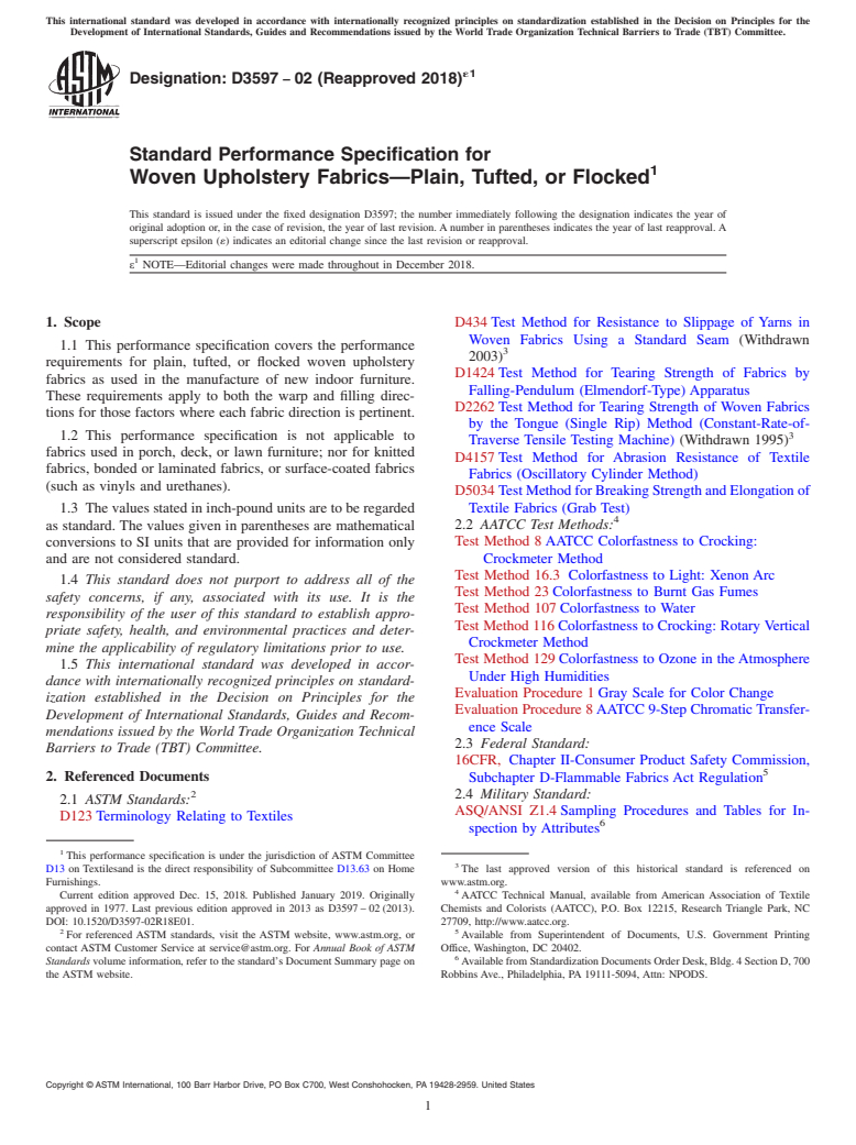 ASTM D3597-02(2018)e1 - Standard Performance Specification for  Woven Upholstery Fabrics&#x2014;Plain, Tufted, or Flocked