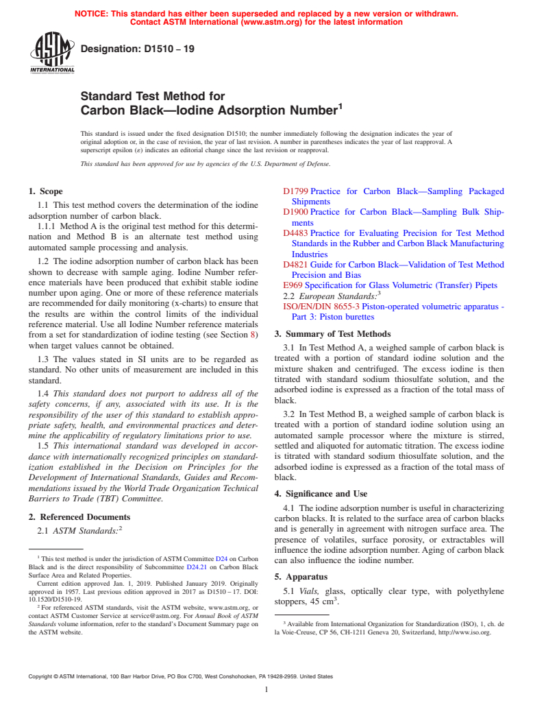 ASTM D1510-19 - Standard Test Method for  Carbon Black&#x2014;Iodine Adsorption Number