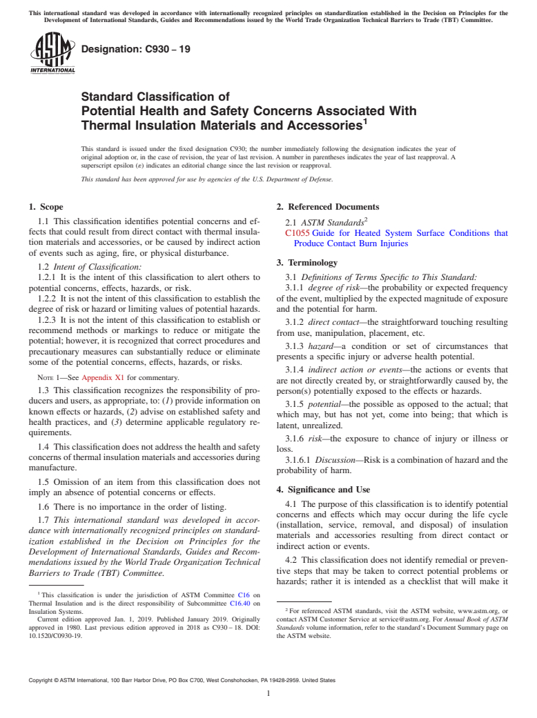 ASTM C930-19 - Standard Classification of  Potential Health and Safety Concerns Associated With Thermal  Insulation Materials and Accessories