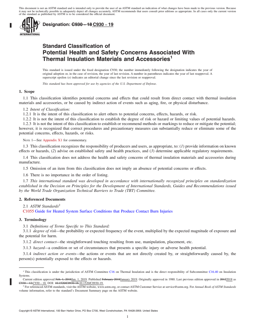 REDLINE ASTM C930-19 - Standard Classification of  Potential Health and Safety Concerns Associated With Thermal  Insulation Materials and Accessories