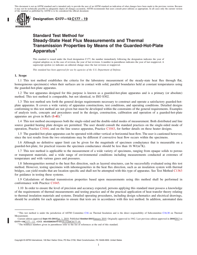 REDLINE ASTM C177-19 - Standard Test Method for Steady-State Heat Flux Measurements and Thermal Transmission  Properties by Means of the Guarded-Hot-Plate Apparatus