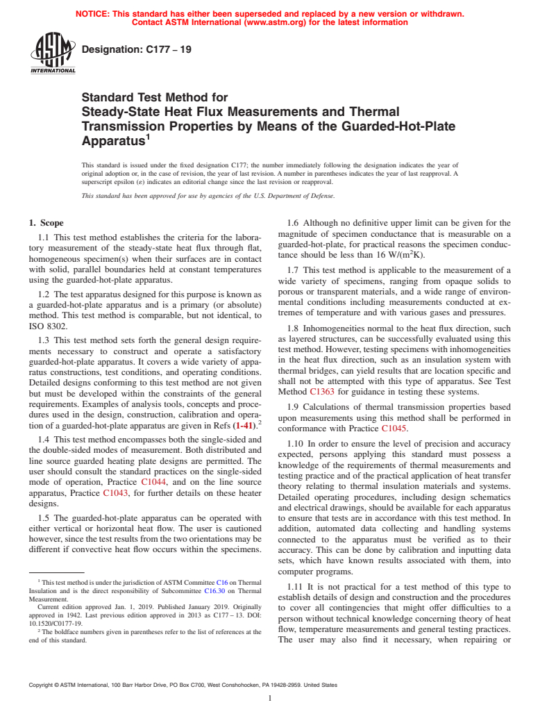 ASTM C177-19 - Standard Test Method for Steady-State Heat Flux Measurements and Thermal Transmission  Properties by Means of the Guarded-Hot-Plate Apparatus