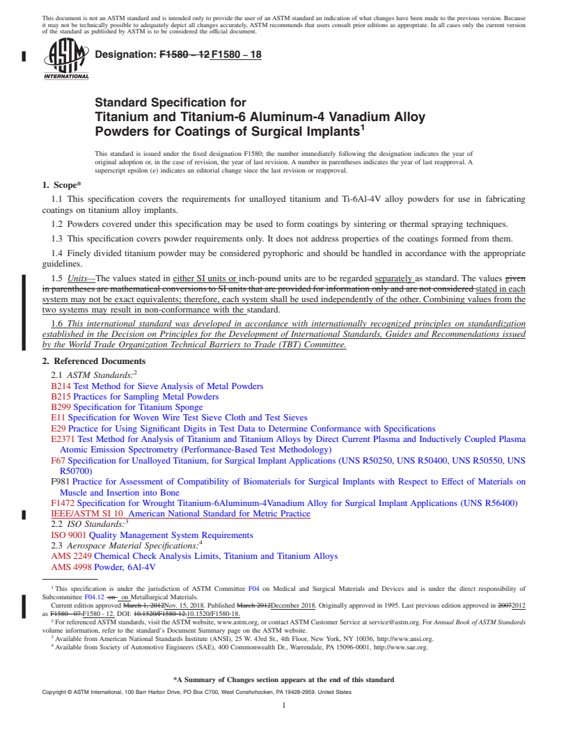 REDLINE ASTM F1580-18 - Standard Specification for  Titanium and Titanium-6 Aluminum-4 Vanadium Alloy Powders for  Coatings of Surgical Implants