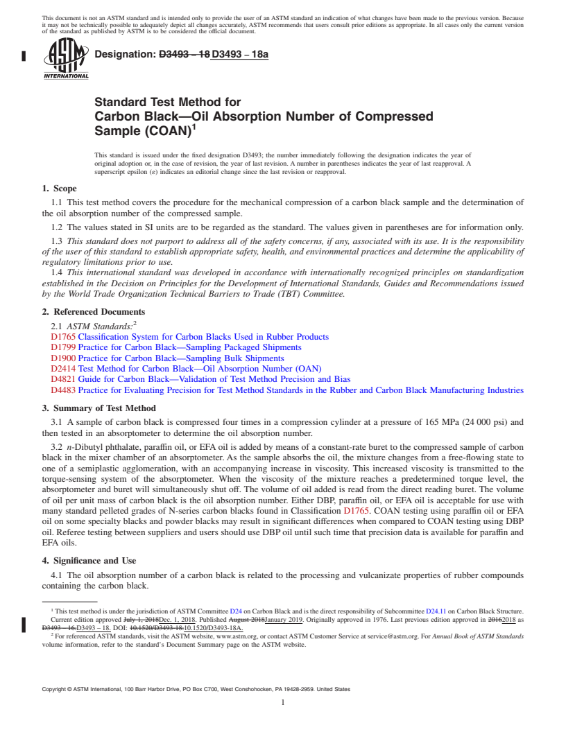 REDLINE ASTM D3493-18a - Standard Test Method for Carbon Black&#x2014;Oil Absorption Number of Compressed Sample  (COAN)