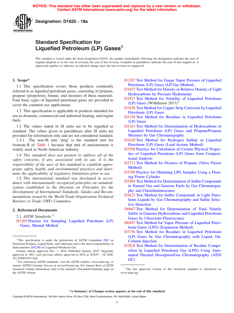 ASTM D1835-18a - Standard Specification for Liquefied Petroleum (LP) Gases