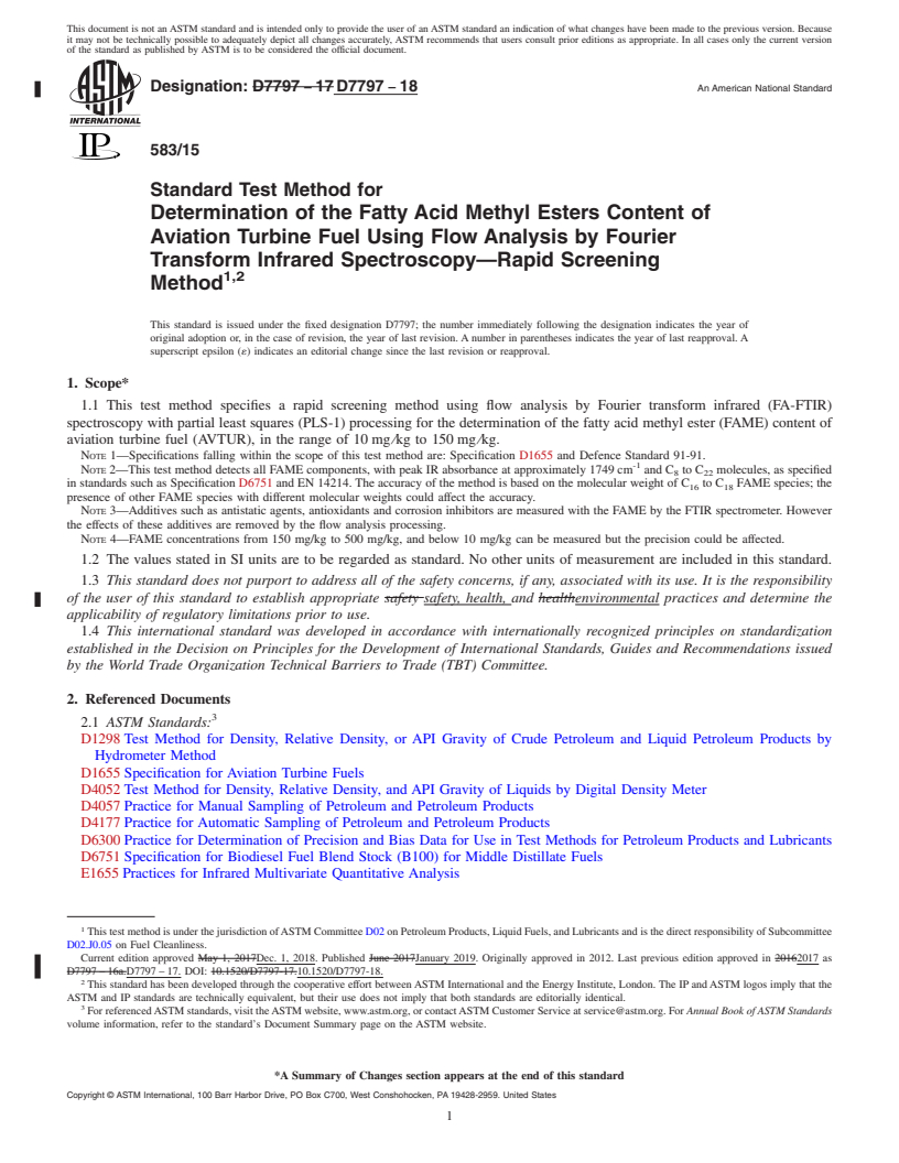 REDLINE ASTM D7797-18 - Standard Test Method for Determination of the Fatty Acid Methyl Esters Content of Aviation  Turbine Fuel Using Flow Analysis by Fourier Transform Infrared Spectroscopy&#x2014;Rapid  Screening Method