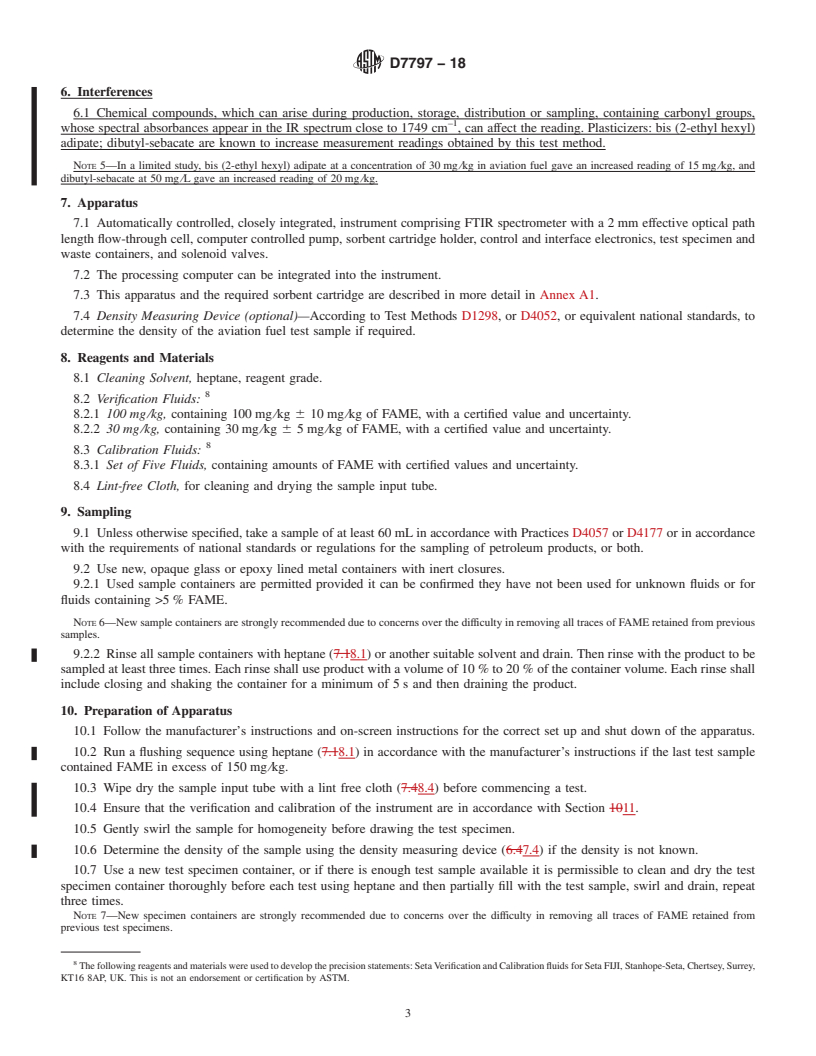 REDLINE ASTM D7797-18 - Standard Test Method for Determination of the Fatty Acid Methyl Esters Content of Aviation  Turbine Fuel Using Flow Analysis by Fourier Transform Infrared Spectroscopy&#x2014;Rapid  Screening Method