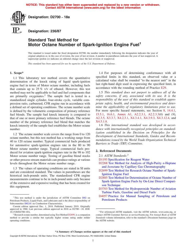 ASTM D2700-18a - Standard Test Method for Motor Octane Number of Spark-Ignition Engine Fuel