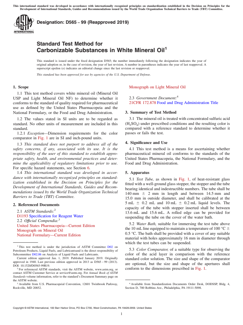 ASTM D565-99(2019) - Standard Test Method for  Carbonizable Substances in White Mineral Oil