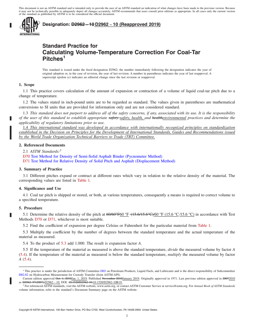 REDLINE ASTM D2962-10(2019) - Standard Practice for Calculating Volume-Temperature Correction For Coal-Tar Pitches