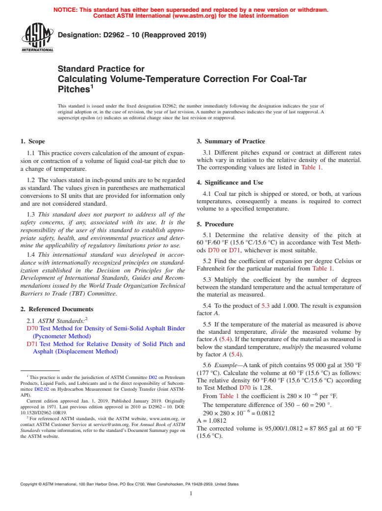 ASTM D2962-10(2019) - Standard Practice for Calculating Volume-Temperature Correction For Coal-Tar Pitches