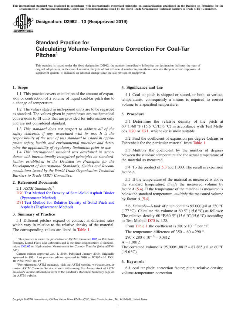 ASTM D2962-10(2019) - Standard Practice for Calculating Volume-Temperature Correction For Coal-Tar Pitches