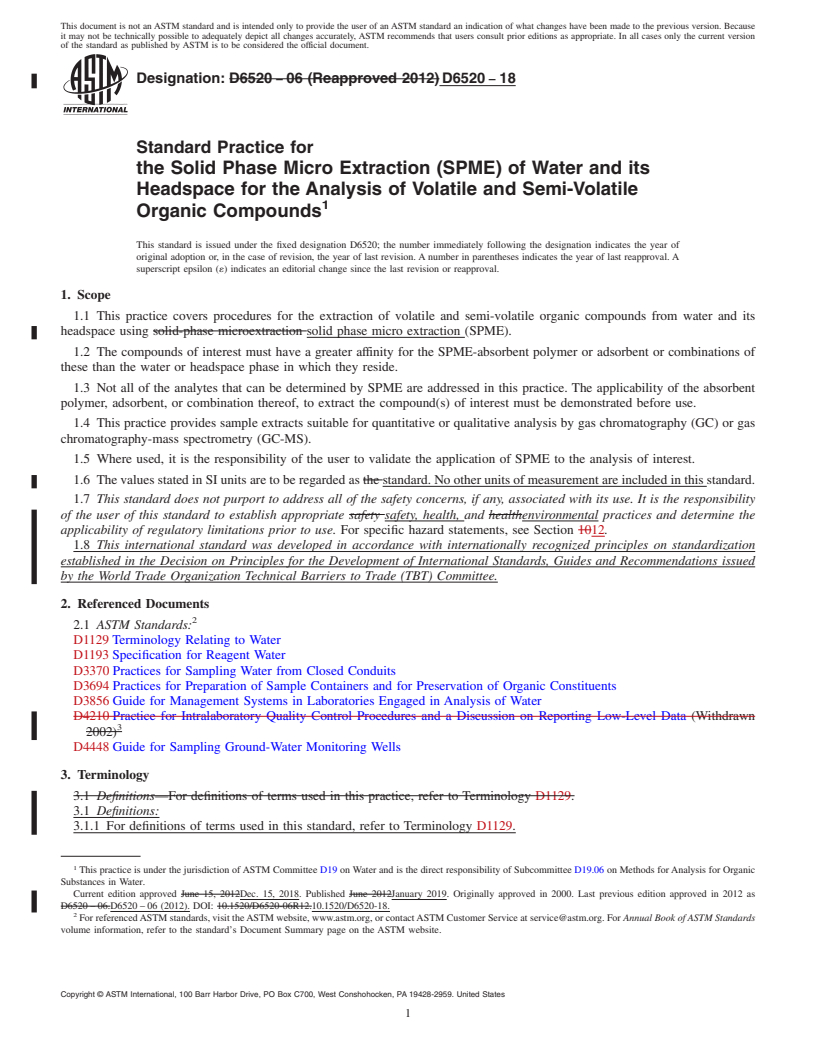 REDLINE ASTM D6520-18 - Standard Practice for  the Solid Phase Micro Extraction (SPME) of Water and its Headspace  for the Analysis of Volatile and Semi-Volatile Organic Compounds