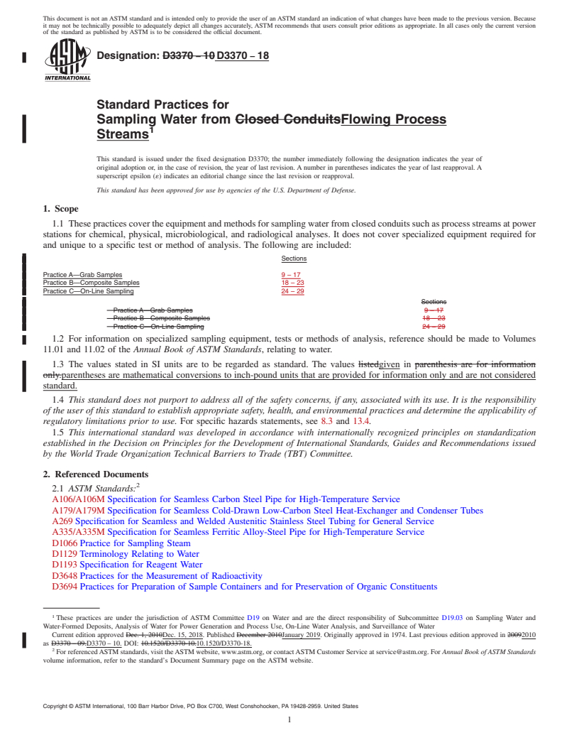 REDLINE ASTM D3370-18 - Standard Practices for  Sampling Water from Flowing Process Streams