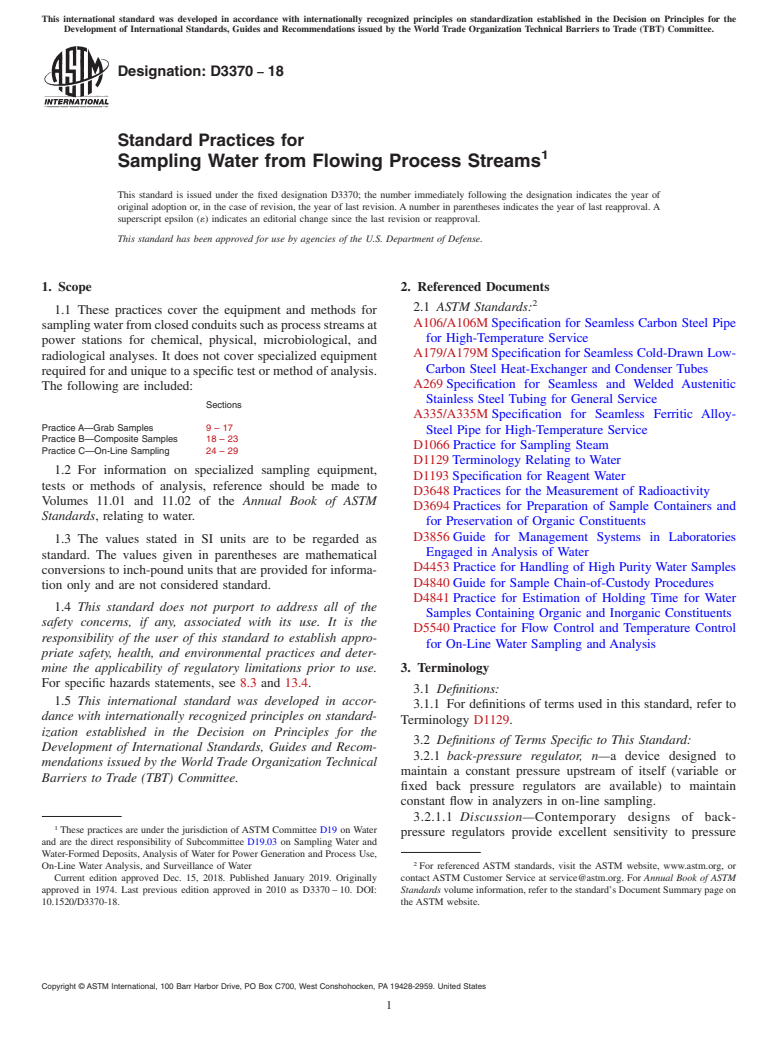 ASTM D3370-18 - Standard Practices for  Sampling Water from Flowing Process Streams