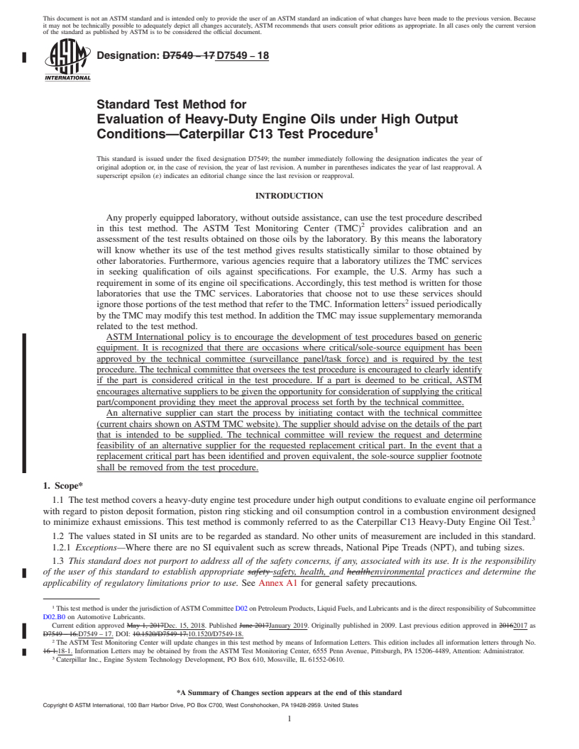 REDLINE ASTM D7549-18 - Standard Test Method for Evaluation of Heavy-Duty Engine Oils under High Output Conditions&#x2014;Caterpillar  C13 Test Procedure