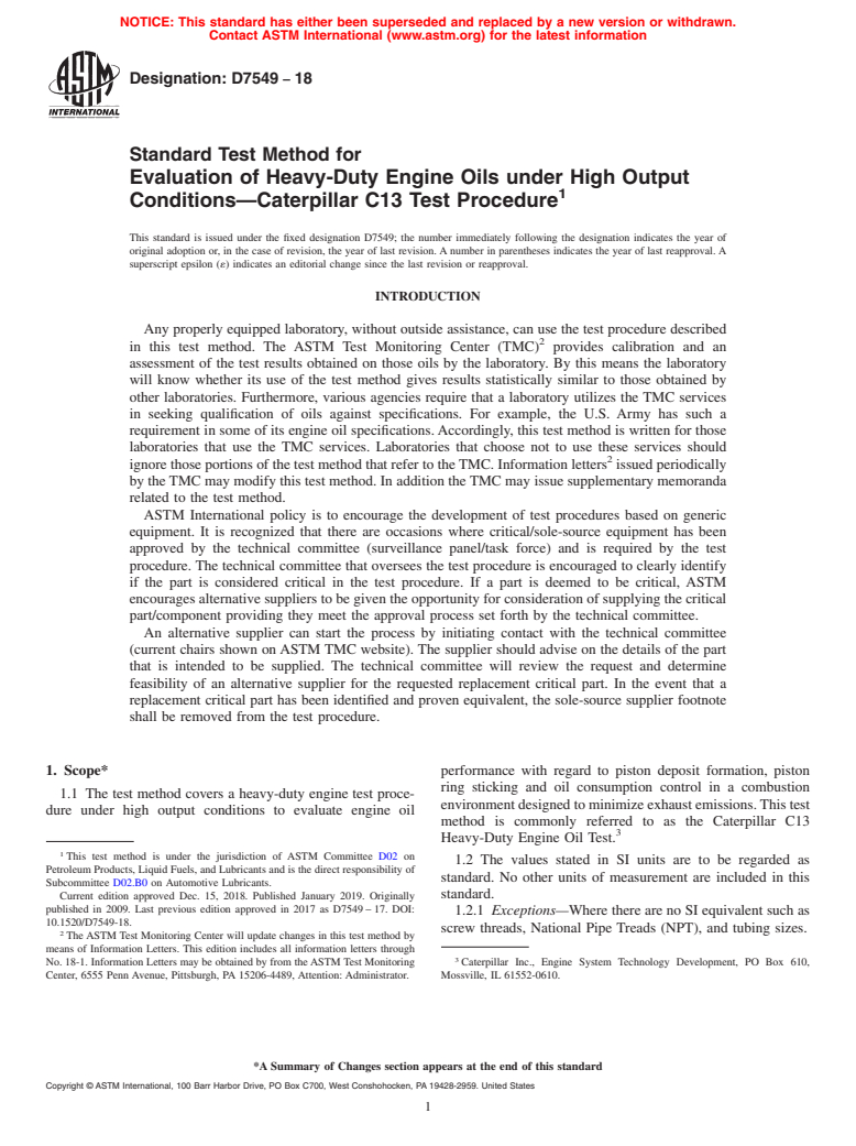 ASTM D7549-18 - Standard Test Method for Evaluation of Heavy-Duty Engine Oils under High Output Conditions&#x2014;Caterpillar  C13 Test Procedure