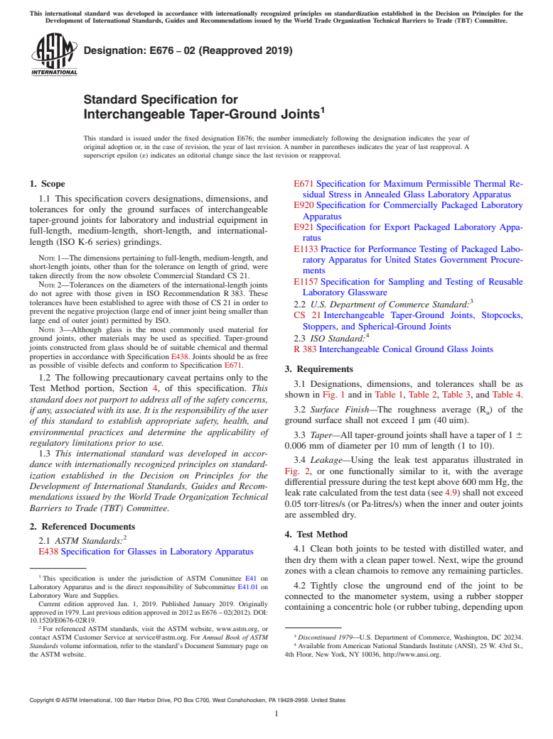 ASTM E676-02(2019) - Standard Specification for  Interchangeable Taper-Ground Joints